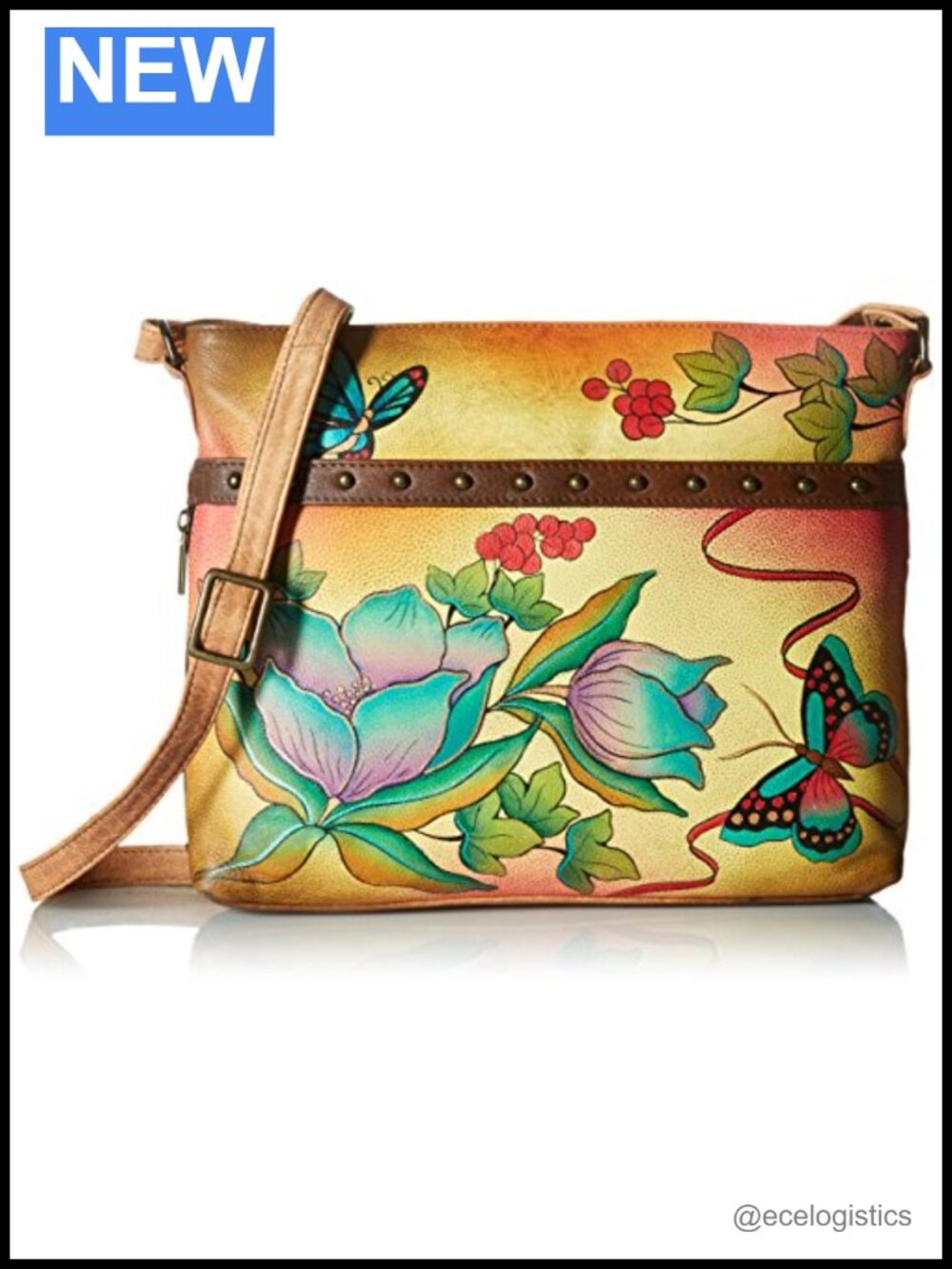 Genuine Leather Crossbody Organizer Hand-Painted Floral Satchel Bag